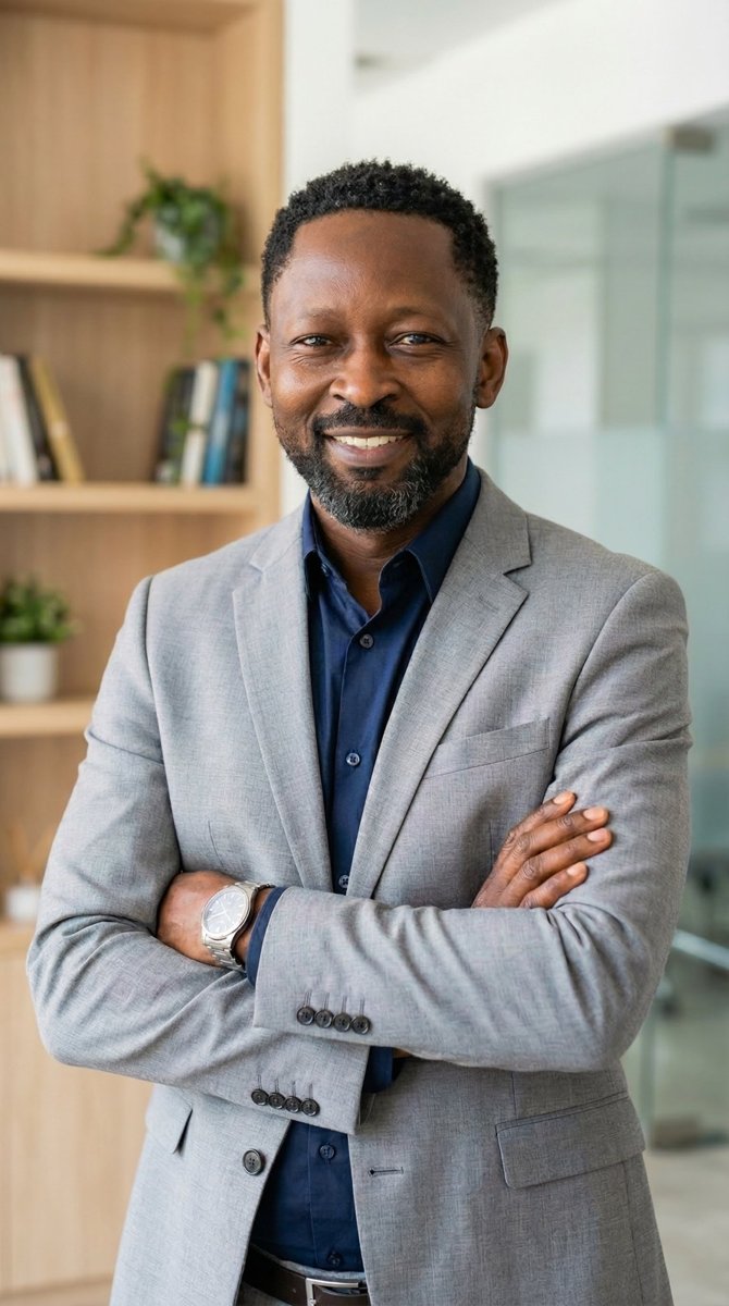 Syd Ugbeda, your host, smiling with arms crossed in a grey blazer and navy shirt
